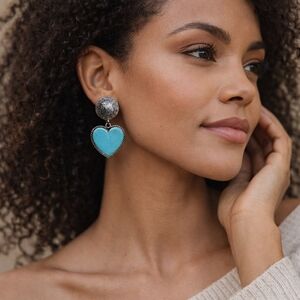 J Slivka Sterling Turquoise Heart Dangle Earrings Large Southwestern Western Art